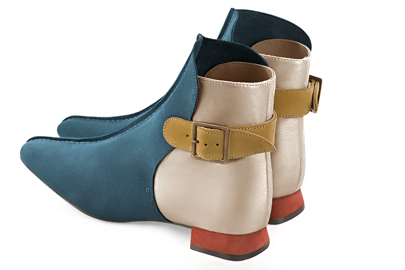 Peacock blue, gold and mustard yellow women's ankle boots with buckles at the back. Square toe. Flat flare heels. Rear view - Florence KOOIJMAN